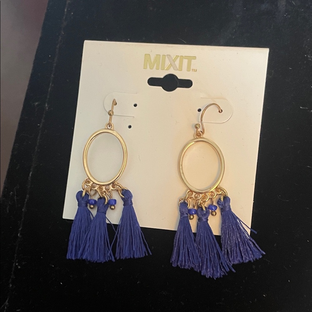 Mixit Gold Oval Earrings with Blue Tassels